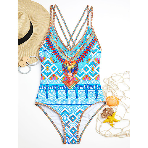 

Women's One Piece Swimsuit Print Tribal Blue Swimwear Halter Neck Bathing Suits