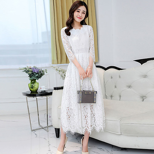 

Women's Sheath Dress Maxi long Dress Blue Blushing Pink Gray White Black Long Sleeve Solid Colored Lace Spring V Neck Boho Lace M L XL XXL 3XL / Plus Size / Plus Size