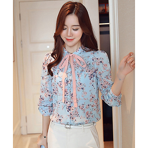 

Women's Blouse Floral Long Sleeve Daily Tops White Blue