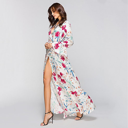 

Women's Loose Maxi long Dress White Black Long Sleeve White Floral Split Print Spring Summer V Neck Boho Party Beach Flare Cuff Sleeve Floral L XL XXL 3XL / Plus Size / High Waist / Plus Size