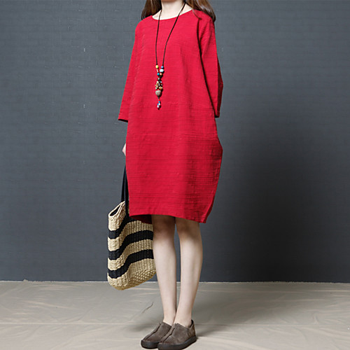 

Women's Loose Knee Length Dress Black Red 3/4 Length Sleeve Solid Colored Spring Round Neck Going out M L XL XXL 3XL / Cotton / Cotton