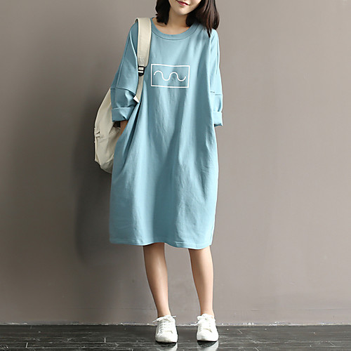 

Women's Loose Midi Dress Blue Beige Half Sleeve Print Spring Round Neck Batwing Sleeve / Cotton / Cotton