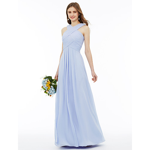 

Ball Gown / A-Line V Neck / Cross Front Ankle Length Chiffon Bridesmaid Dress with Criss Cross / Pleats