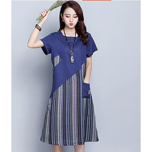 

Women's Loose Midi Dress Gray Navy Blue Short Sleeve Striped Print Fall Round Neck Chinoiserie Loose M L XL XXL 3XL / Cotton / Plus Size / Plus Size / Cotton