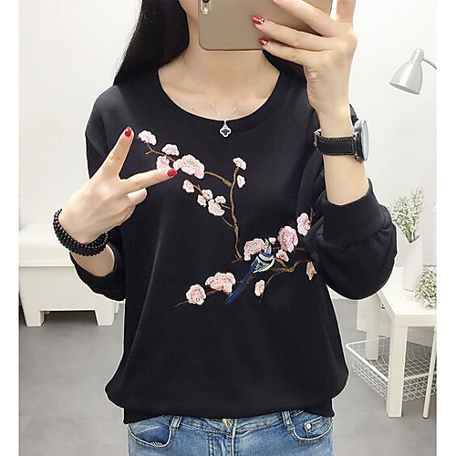 

Women's T shirt Floral Long Sleeve Daily Tops Cotton Casual Chinoiserie Black