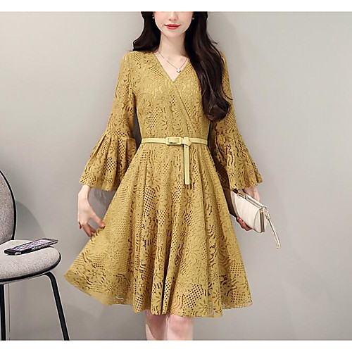 

Women's A Line Dress Knee Length Dress Yellow White Black Light Green Beige Long Sleeve Solid Colored Pleated Fall Spring Round Neck Chic & Modern Belt Not Included S M L XL XXL