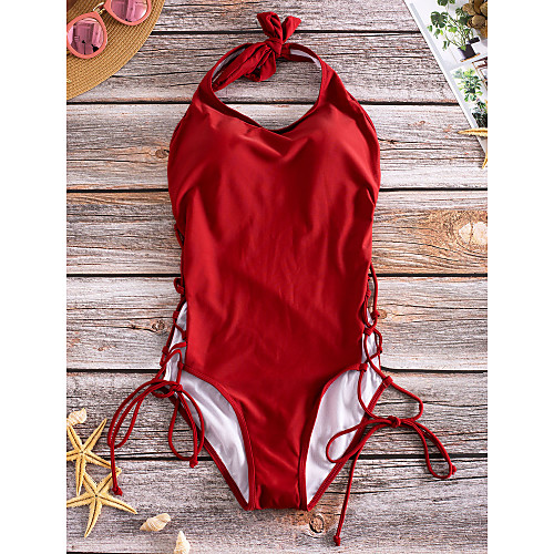 

Women's One Piece Swimsuit Lace up Army Green Black Red Swimwear Halter Neck Bathing Suits