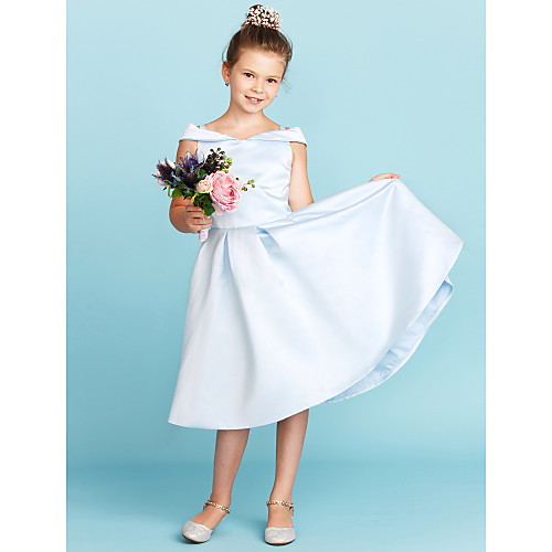 

Princess Tea Length Junior Bridesmaid Dress Wedding Satin Sleeveless Off Shoulder with Pleats
