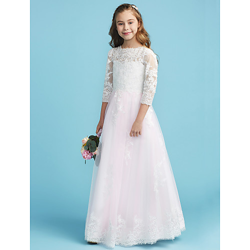 

Princess Floor Length Junior Bridesmaid Dress Party Lace Half Sleeve Crew Neck with Lace