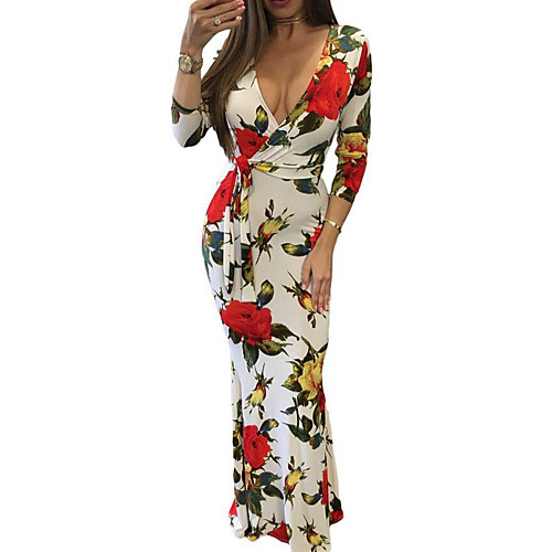 

Women's Sheath Dress Maxi long Dress White Long Sleeve Floral Fall V Neck Casual Slim Floral S M L