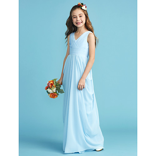 

Princess Floor Length Junior Bridesmaid Dress Party Chiffon V Neck with Sash / Ribbon