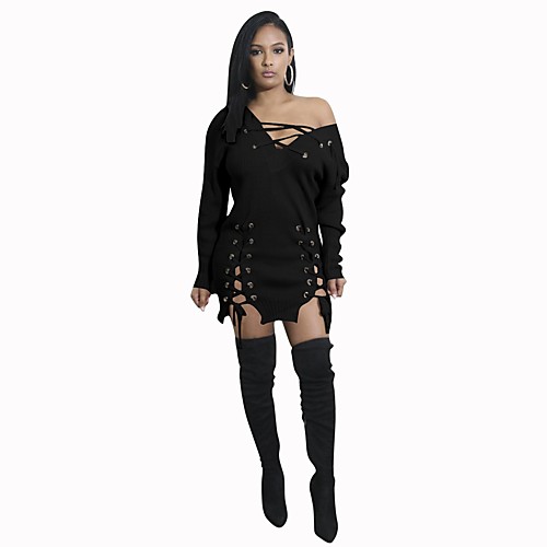

Women's Bodycon Short Mini Dress Yellow Wine Khaki Black Long Sleeve Solid Colored Cut Out Fall Spring V Neck Club Batwing Sleeve S M L XL