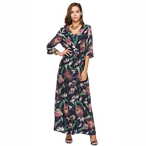 

Women's Loose Maxi long Dress Red Navy Blue 3/4 Length Sleeve Print Summer V Neck Boho Beach M L XL XXL 3XL / Cotton / Plus Size / High Waist / Plus Size / Cotton
