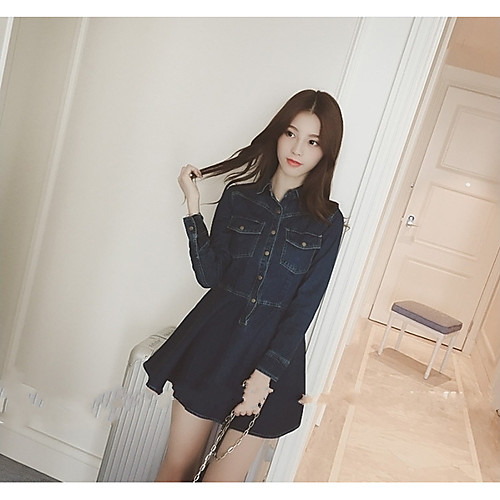 

Women's A Line Dress Short Mini Dress Blue Long Sleeve Solid Colored Fall Spring Shirt Collar Streetwear Going out S M L / Cotton / High Waist / Cotton