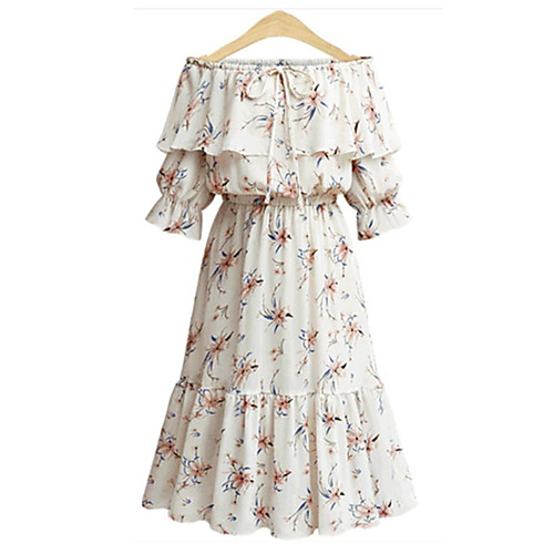 

Women's Chiffon Dress Knee Length Dress Yellow White Half Sleeve Ruffle Print Spring Summer Boat Neck Vintage Boho Holiday Going out Lantern Sleeve Off Shoulder XL XXL 3XL 4XL 5XL / High Waist