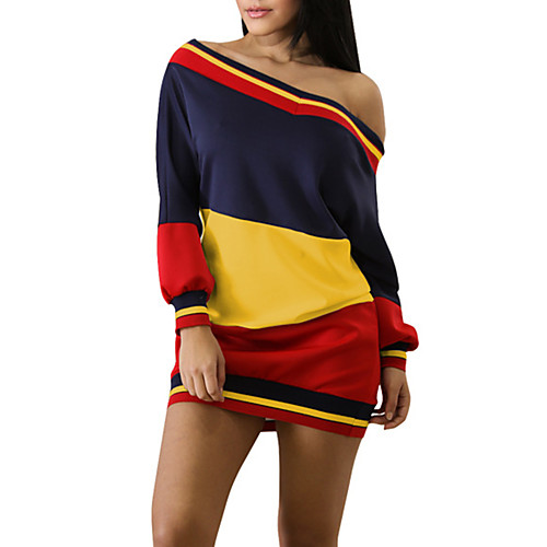 

Women's Sheath Dress Short Mini Dress Yellow White Long Sleeve Striped Color Block Backless Fall Spring Boat Neck Streetwear Going out Cold Shoulder Off Shoulder S M L XL