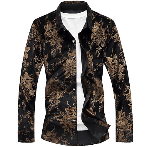 

Men's Shirt Floral Print Long Sleeve Party Tops Luxury Black Navy Blue
