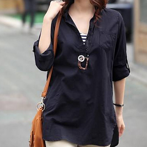 

Women's Shirt Solid Colored Long Sleeve Daily Tops Cotton White Black Blue
