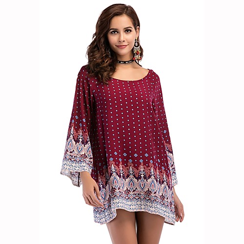 

Women's Loose Short Mini Dress Wine Navy Blue 3/4 Length Sleeve Print Spring Summer Round Neck Boho Beach Loose M L XL XXL 3XL / Cotton / Plus Size / Plus Size / Cotton