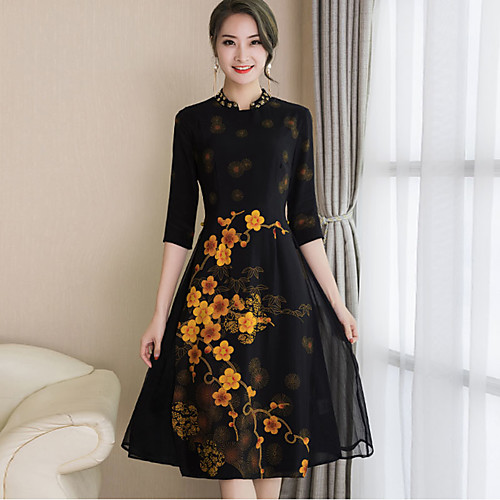 

Women's Sheath Dress Midi Dress Black Half Sleeve Floral Split Print Spring Stand Collar Sophisticated Going out M L XL XXL / Silk
