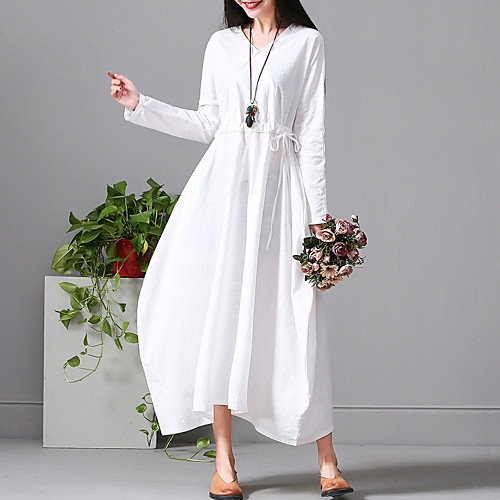 

Women's Loose Maxi long Dress White Red Long Sleeve White Solid Color Ruched Spring V Neck Chinoiserie Going out M L XL XXL / Cotton / Cotton