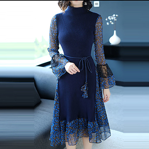 

Women's Sheath Dress Midi Dress Blue Long Sleeve Blue Color Block Ruffle Spring Stand Collar Streetwear Sophisticated Going out Flare Cuff Sleeve Slim S M L XL XXL