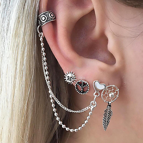 

Women's Men's Stud Earrings Ear Cuff Leaf Sun Heart Fashion Earrings Jewelry Silver For Gift Daily 4pcs