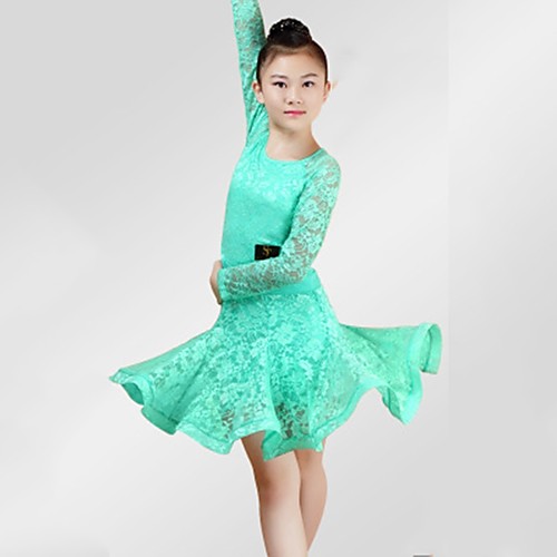 

Latin Dance Dress Lace Ruching Girls' Performance Long Sleeve Spandex Lace