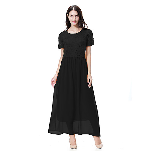 

Women's Loose Maxi long Dress Yellow Wine Black Light Blue Short Sleeves Solid Color Lace Summer Round Neck Basic Boho M L XL XXL