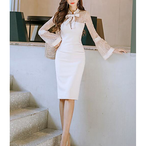 

Women's Bodycon Midi Dress White Long Sleeve Solid Color Lace Spring Summer Shirt Collar Sophisticated Party Going out Slim Flare Sleeve S M L XL