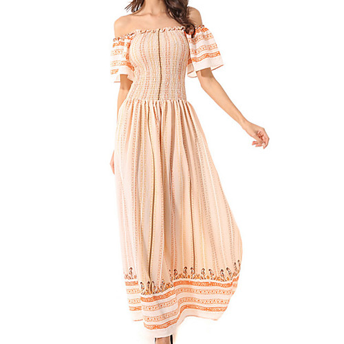 

Women's Swing Dress Maxi long Dress Yellow Beige Short Sleeve Color Block Lace Summer Strapless Going out Off Shoulder S M L XL