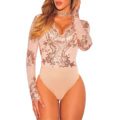 

Women's Vintage Party Club V Neck Black Gold Slim Romper Solid Color Sequins Mesh / Sexy