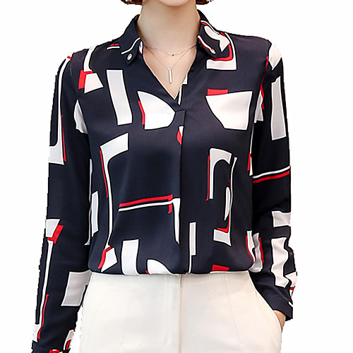 

Women's Shirt Color Block Long Sleeve Daily Tops White Navy Blue