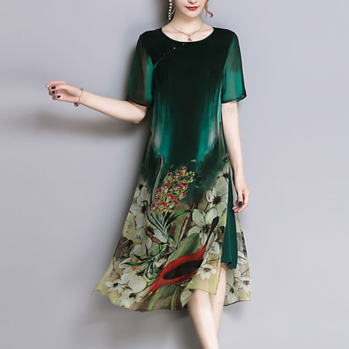 

Women's Chiffon Dress Midi Dress Green Short Sleeve Floral Print Spring Summer Round Neck Going out Loose L XL XXL 3XL 4XL / Plus Size / Plus Size