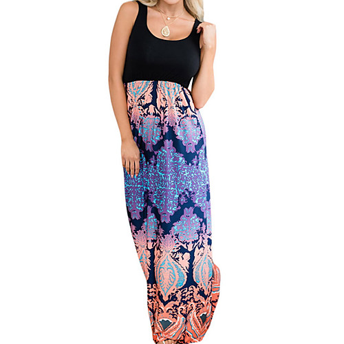

Women's Loose Maxi long Dress Purple Orange White Black Sleeveless Color Block Basic Summer Round Neck Boho Loose S M L XL