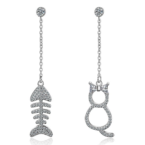 

Women's Cubic Zirconia tiny diamond Drop Earrings Mismatched Long Cat Fish Statement Ladies Cartoon Zircon Imitation Diamond Earrings Jewelry Silver For Going out Valentine