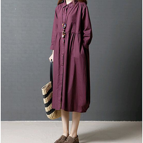 

Women's Loose Midi Dress Purple Black Long Sleeve Solid Colored Spring Round Neck Basic M L XL XXL / Cotton / Cotton