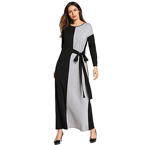 

Women's Loose Maxi long Dress Black Long Sleeve Color Block Fall Spring Round Neck Basic Boho M L XL XXL