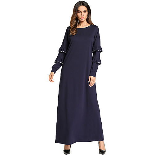 

Women's Loose Maxi long Dress Navy Blue Long Sleeve Solid Color Beaded Ruffle Fall Spring Round Neck Boho M L XL XXL