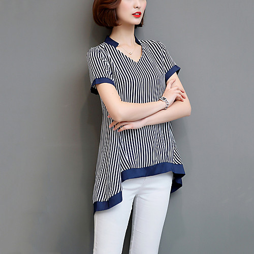

Women's Blouse Striped Plus Size Patchwork Short Sleeve Going out Tops Basic Streetwear Black Blue