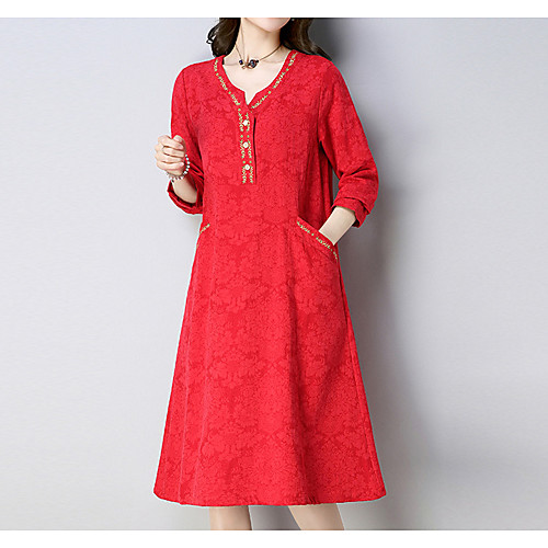 

Women's Sheath Dress Midi Dress Red Navy Blue Long Sleeve Solid Colored Embroidered Spring V Neck Basic Slim L XL XXL / Cotton / Cotton