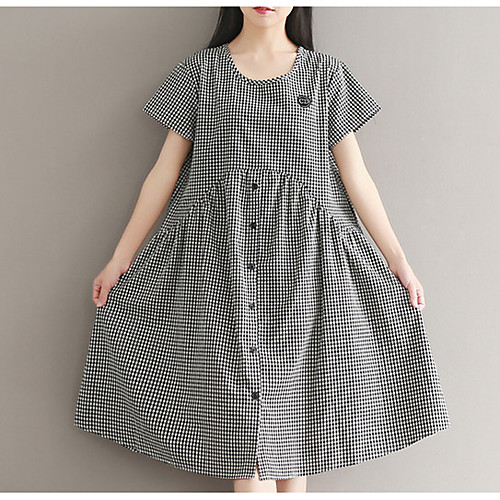 

Women's A Line Dress Knee Length Dress Black Short Sleeve Check Ruched Summer Round Neck Butterfly Sleeves M L XL XXL / Cotton / Cotton