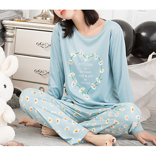 

Women's Suits Pajamas Sets Floral Polyester Casual T shirt Pant Deep U Daily Wear Home Long Sleeve
