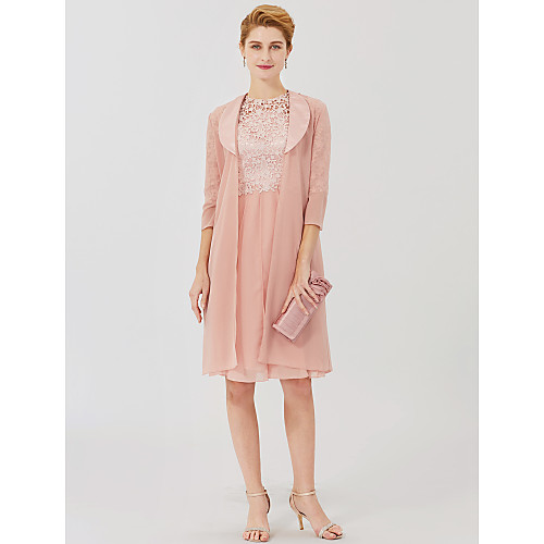 

Ball Gown Mother of the Bride Dress Classic & Timeless Elegant & Luxurious Convertible Dress Illusion Neck Knee Length Chiffon Floral Lace 3/4 Length Sleeve with Crystal Brooch 2021