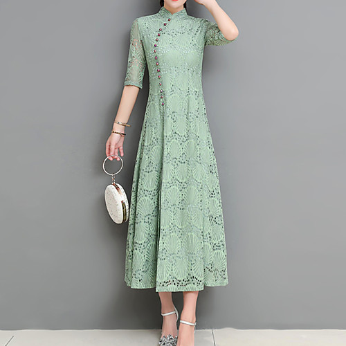 

Women's Sheath Dress Midi Dress Gray Green Red Brown Half Sleeve Solid Colored Split Print Spring Stand Collar Vintage Chinoiserie Holiday Belt Not Included Slim S M L XL XXL 3XL