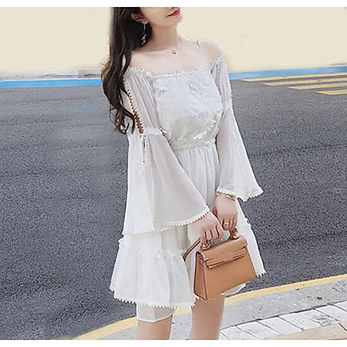 

Women's A Line Dress Short Mini Dress White Long Sleeve Solid Colored Summer Boat Neck Streetwear Going out Loose S M L XL / Sexy