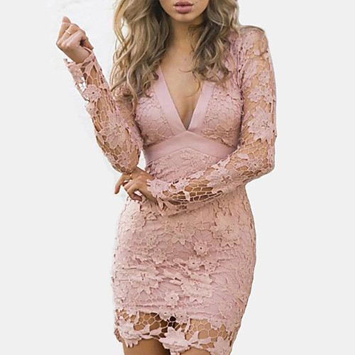 

Women's Bodycon Short Mini Dress Blushing Pink Black Long Sleeve Dusty Rose Solid Colored Backless Cut Out Lace Spring Summer V Neck Streetwear Slim Lace S M L XL / Cotton / High Waist / Super Sexy