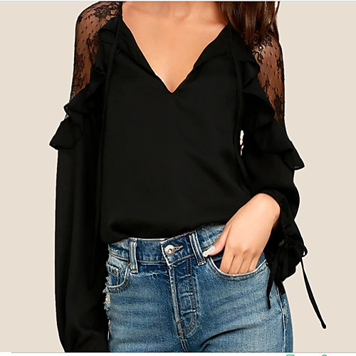 

Women's Blouse Solid Colored Lace Long Sleeve Daily Tops Cotton Streetwear White Black