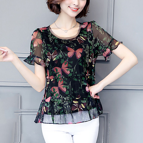 

Women's Blouse Floral Plus Size Patchwork Print Short Sleeve Going out Tops Basic Streetwear Black Blue