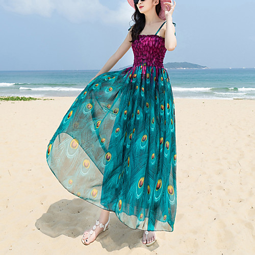 

Women's Loose Maxi long Dress Blue Yellow Sleeveless Animal Print Summer Strapless Boho Belt Not Included Loose M L XL